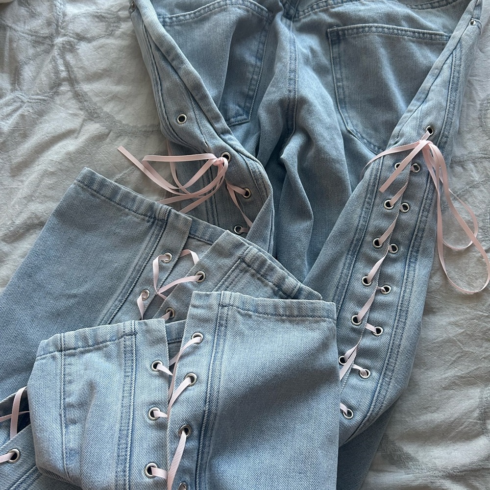 Pacsun Light Wash Lace-Up Denim Jeans with Pink Ribbon Details